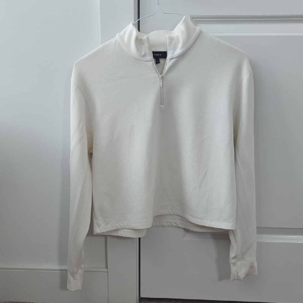 Good Condition Theory Crop Half Zip Sweatshirt In Ivory, Size Medium - Picture 2 of 10